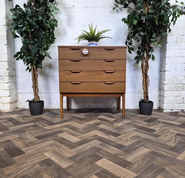 Vintage Mid-Century Teak Effect Chest Of 4 Drawers Scandi Retro MCM
