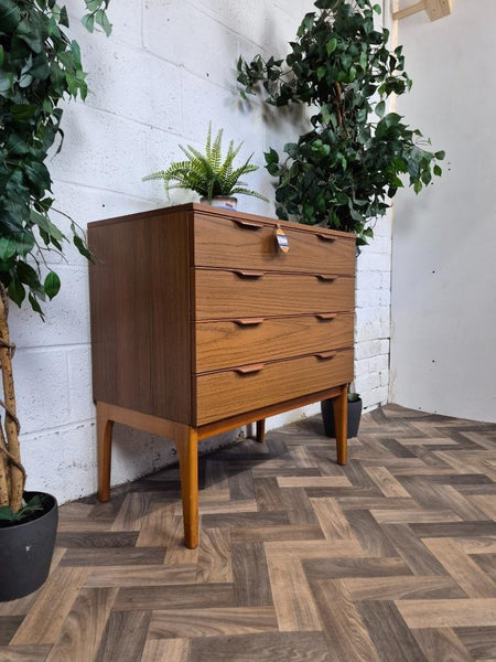 Vintage Mid-Century Teak Effect Chest Of 4 Drawers Scandi Retro MCM