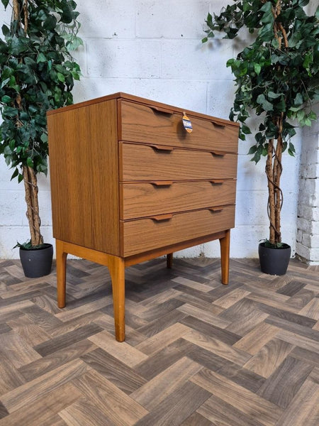 Vintage Mid-Century Teak Effect Chest Of 4 Drawers Scandi Retro MCM