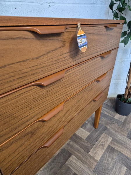 Vintage Mid-Century Teak Effect Chest Of 4 Drawers Scandi Retro MCM