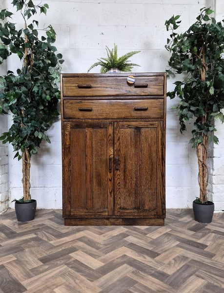Vintage Antique 1930's Oak Tallboy Linen Cupboard With Drawers