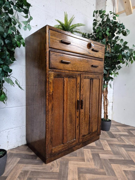 Vintage Antique 1930's Oak Tallboy Linen Cupboard With Drawers