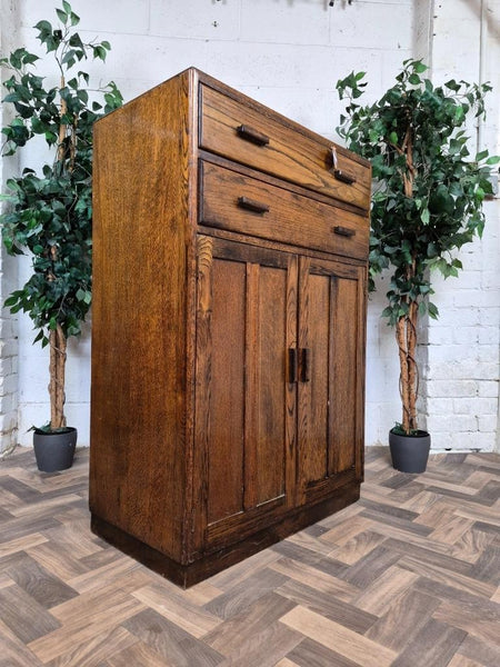 Vintage Antique 1930's Oak Tallboy Linen Cupboard With Drawers