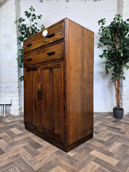 Vintage Antique 1930's Oak Tallboy Linen Cupboard With Drawers
