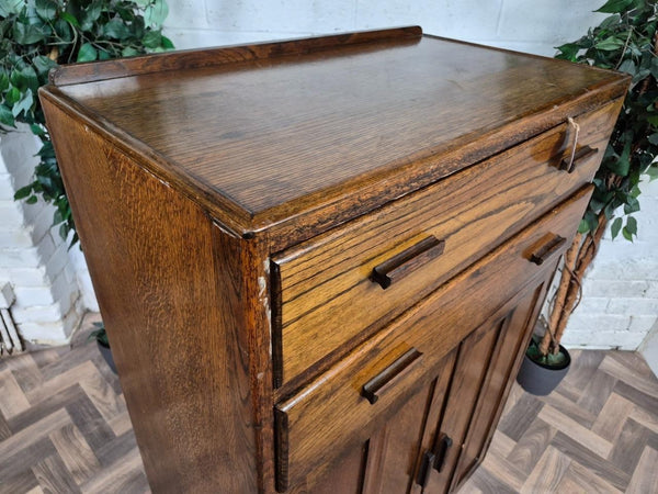 Vintage Antique 1930's Oak Tallboy Linen Cupboard With Drawers