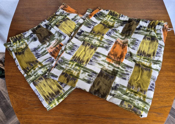 Beautiful Vintage 60's Mid-Century Barkcloth Curtains Orange & Green Retro MCM