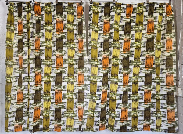 Beautiful Vintage 60's Mid-Century Barkcloth Curtains Orange & Green Retro MCM
