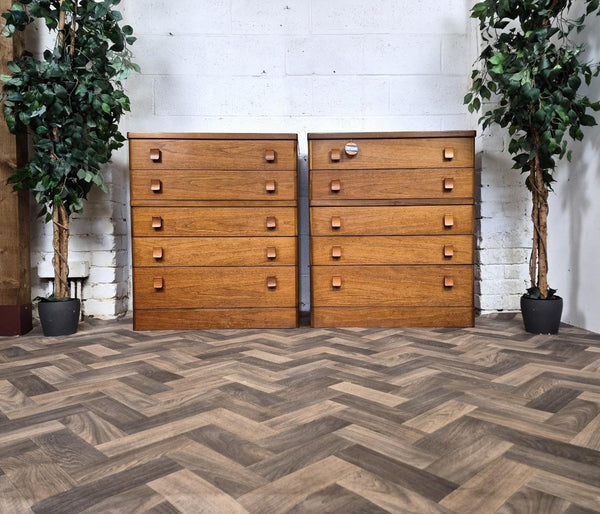 Pair Vintage Mid-Century Stag C Range Teak 5 Drawer Chest Tallboy Scandi Danish