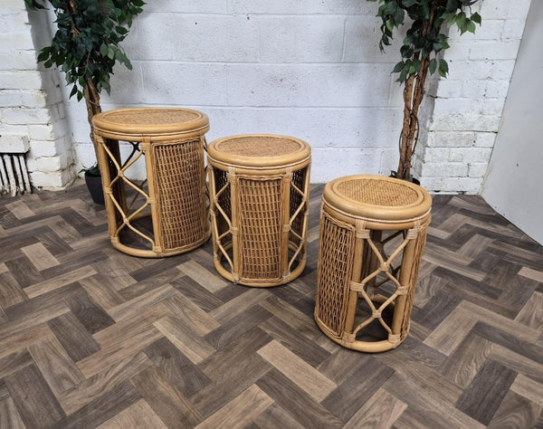 Vintage Round Bamboo Rattan Nest Of Tables Retro Boho Tiki Scandi