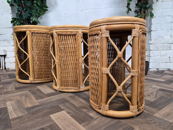 Vintage Round Bamboo Rattan Nest Of Tables Retro Boho Tiki Scandi