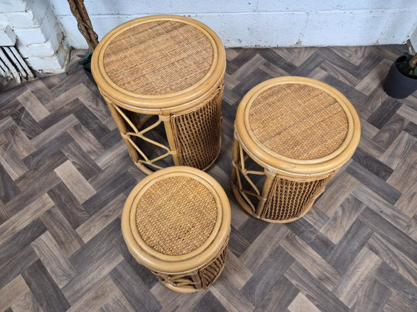 Vintage Round Bamboo Rattan Nest Of Tables Retro Boho Tiki Scandi