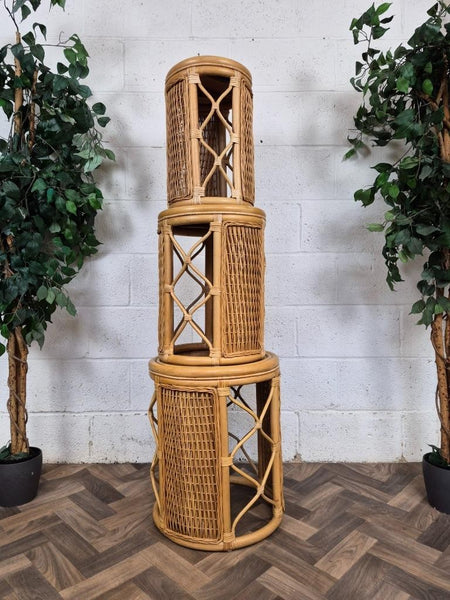 Vintage Round Bamboo Rattan Nest Of Tables Retro Boho Tiki Scandi