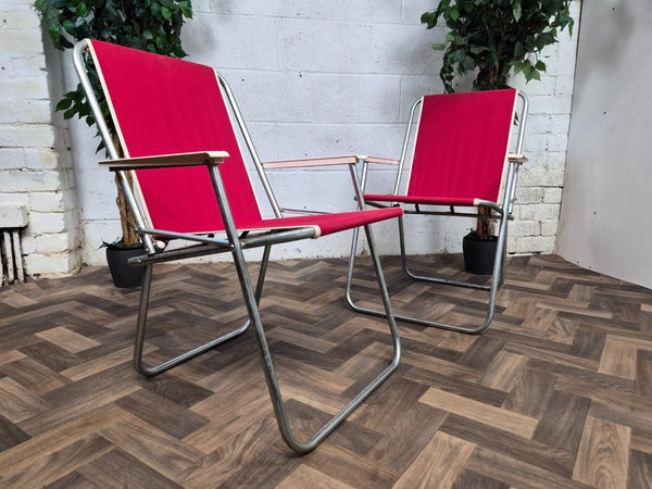 Pair Of Vintage Homa Danish Folding Camping Chairs Cherry Red Canvas Retro