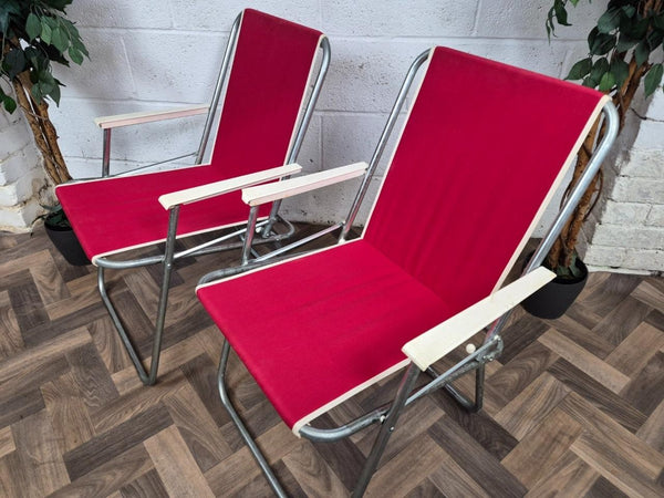 Pair Of Vintage Homa Danish Folding Camping Chairs Cherry Red Canvas Retro