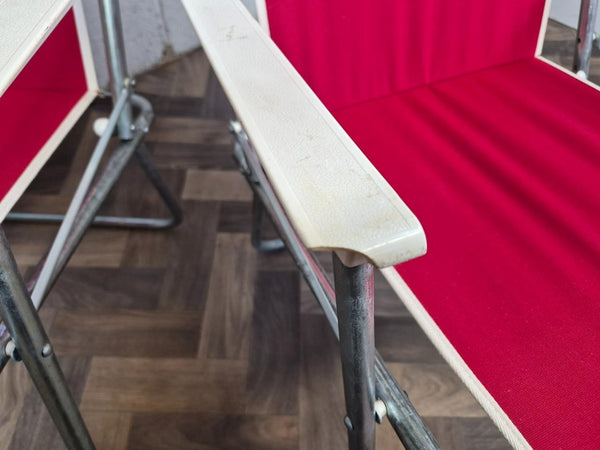 Pair Of Vintage Homa Danish Folding Camping Chairs Cherry Red Canvas Retro
