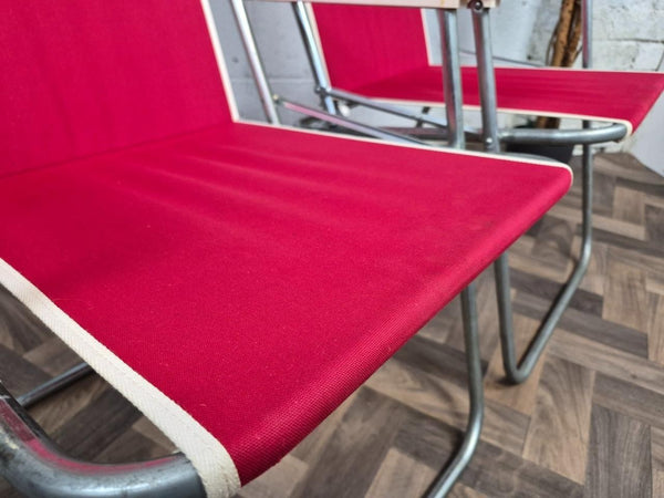 Pair Of Vintage Homa Danish Folding Camping Chairs Cherry Red Canvas Retro