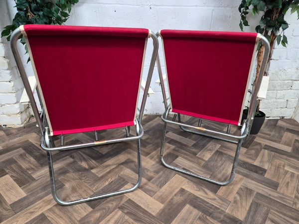 Pair Of Vintage Homa Danish Folding Camping Chairs Cherry Red Canvas Retro