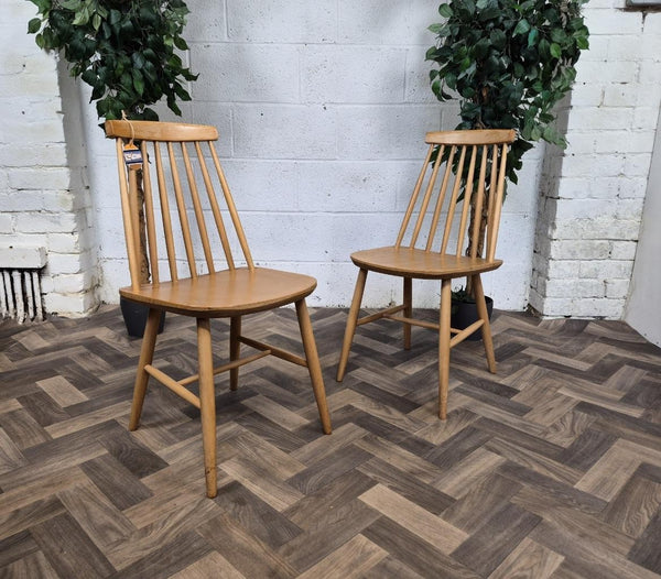 Pair Of Vintage Dining Chairs Blonde Stickback Mid-Century Danish Style Retro