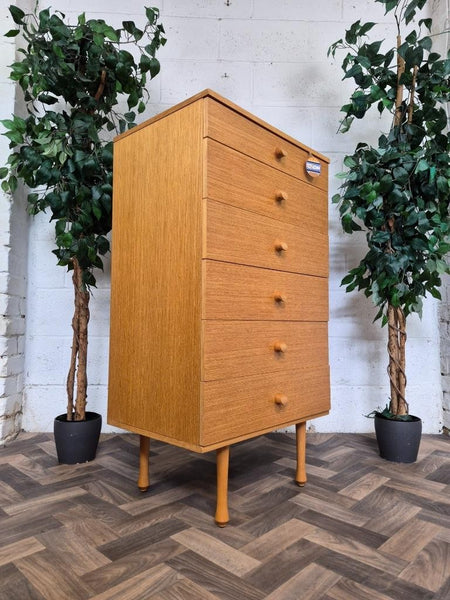 Vintage Mid-Century Avalon Blonde Oak Tallboy Chest 6 Drawers Scandi MCM Retro