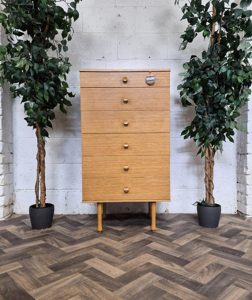 Vintage Mid-Century Avalon Blonde Oak Tallboy Chest 6 Drawers Scandi MCM Retro