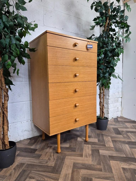 Vintage Mid-Century Avalon Blonde Oak Tallboy Chest 6 Drawers Scandi MCM Retro