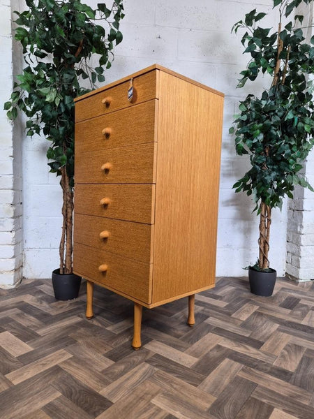 Vintage Mid-Century Avalon Blonde Oak Tallboy Chest 6 Drawers Scandi MCM Retro