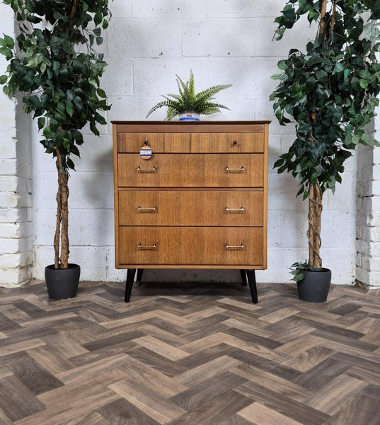 Vintage Mid-Century Lebus Teak & Oak Chest Of 4 Drawers 60's Scandi Retro MCM