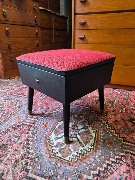 Vintage 60's Sherborne Sewing Box Stool Black Vinyl & Red Retro Mid-Century MCM