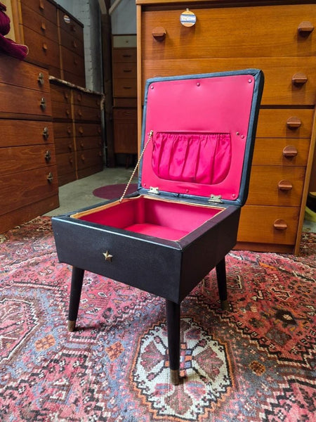 Vintage 60's Sherborne Sewing Box Stool Black Vinyl & Red Retro Mid-Century MCM