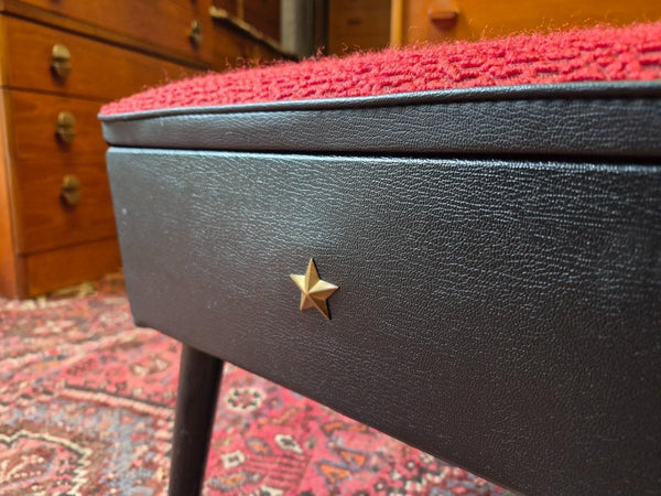 Vintage 60's Sherborne Sewing Box Stool Black Vinyl & Red Retro Mid-Century MCM