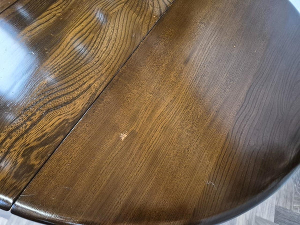 Vintage Mid-Century Ercol Oval Drop Leaf Kitchen Table Dark Stain Elm Blue Label