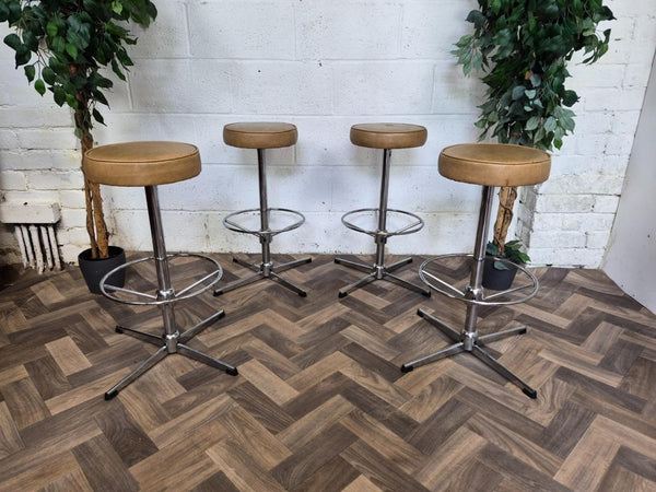 Set Of 4 Vintage Bar Stools Chrome & Light Tan Brown Vinyl Retro MCM
