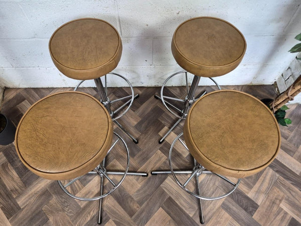 Set Of 4 Vintage Bar Stools Chrome & Light Tan Brown Vinyl Retro MCM