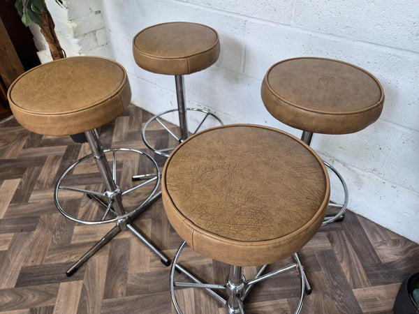 Set Of 4 Vintage Bar Stools Chrome & Light Tan Brown Vinyl Retro MCM