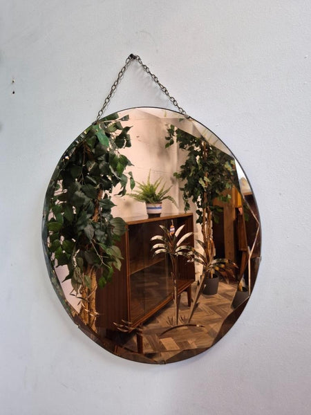 Vintage Mid-Century Frameless Copper Tint Circular Mirror On Chain