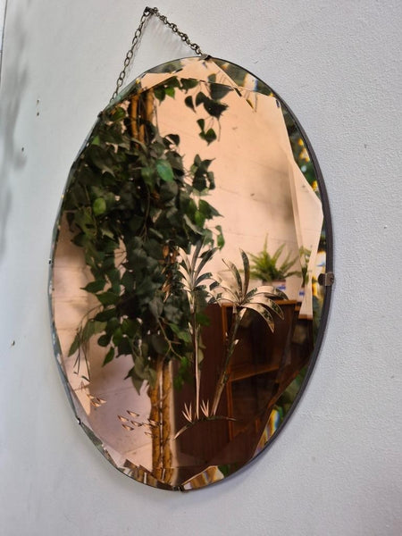 Vintage Mid-Century Frameless Copper Tint Circular Mirror On Chain