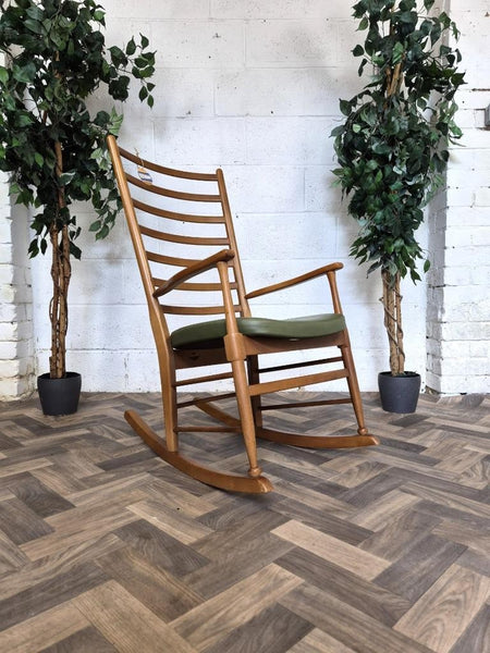 Vintage Mid-Century Teak/Beech & Green Vinyl Ladderback Rocking Chair Retro MCM
