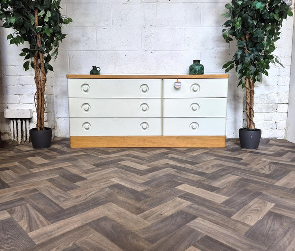 Vintage Mid-Century Stag Nocturne Oak & White 6 Drawer Wideboy Chest Sideboard