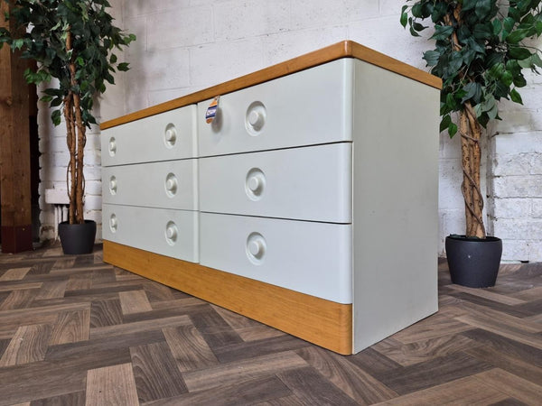 Vintage Mid-Century Stag Nocturne Oak & White 6 Drawer Wideboy Chest Sideboard