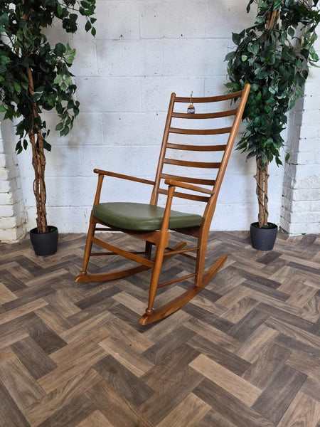 Vintage Mid-Century Teak/Beech & Green Vinyl Ladderback Rocking Chair Retro MCM