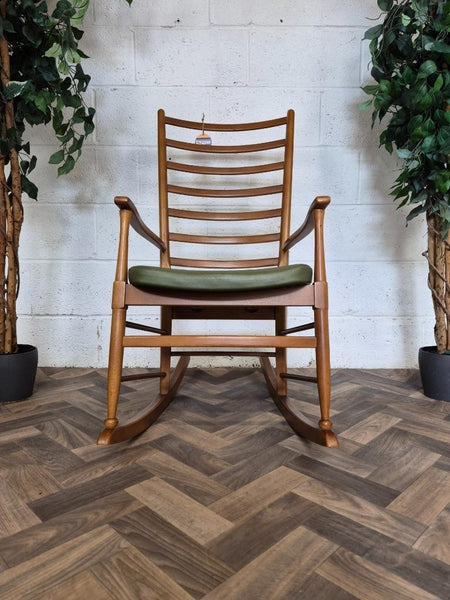 Vintage Mid-Century Teak/Beech & Green Vinyl Ladderback Rocking Chair Retro MCM