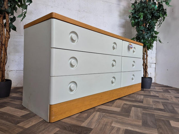 Vintage Mid-Century Stag Nocturne Oak & White 6 Drawer Wideboy Chest Sideboard