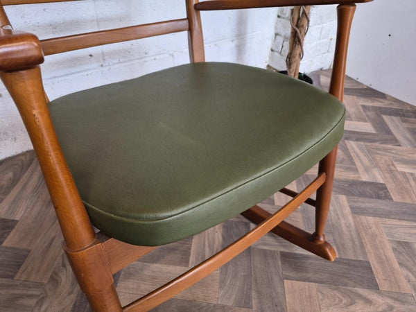 Vintage Mid-Century Teak/Beech & Green Vinyl Ladderback Rocking Chair Retro MCM