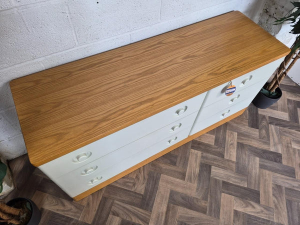 Vintage Mid-Century Stag Nocturne Oak & White 6 Drawer Wideboy Chest Sideboard