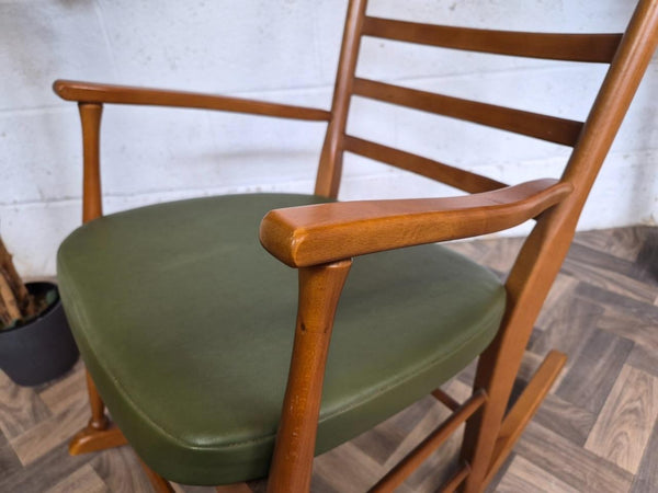 Vintage Mid-Century Teak/Beech & Green Vinyl Ladderback Rocking Chair Retro MCM