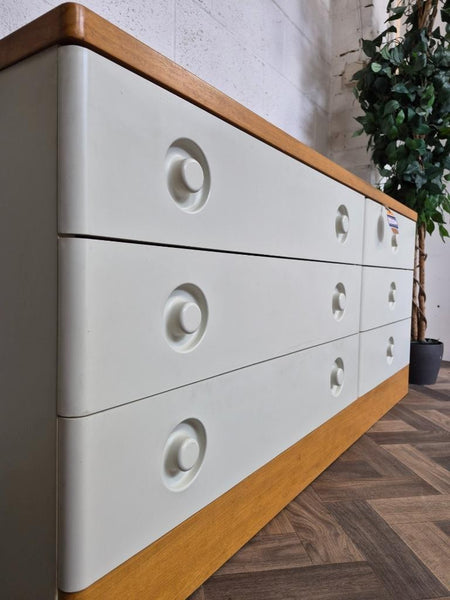 Vintage Mid-Century Stag Nocturne Oak & White 6 Drawer Wideboy Chest Sideboard