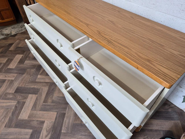 Vintage Mid-Century Stag Nocturne Oak & White 6 Drawer Wideboy Chest Sideboard