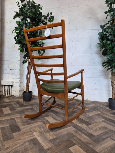 Vintage Mid-Century Teak/Beech & Green Vinyl Ladderback Rocking Chair Retro MCM