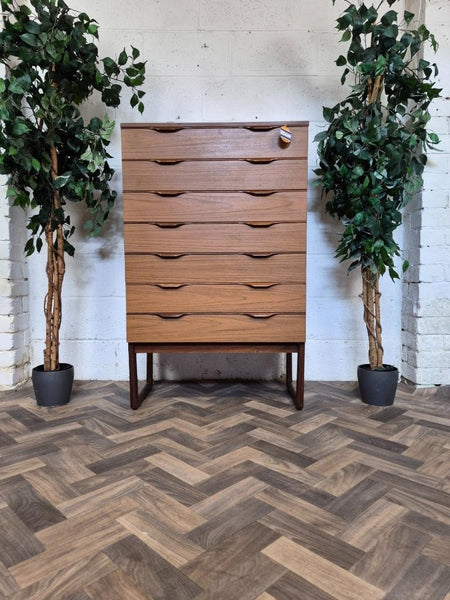 Vintage Mid-Century Europa Teak Tallboy Chest Of 7 Drawers Scandi Retro MCM