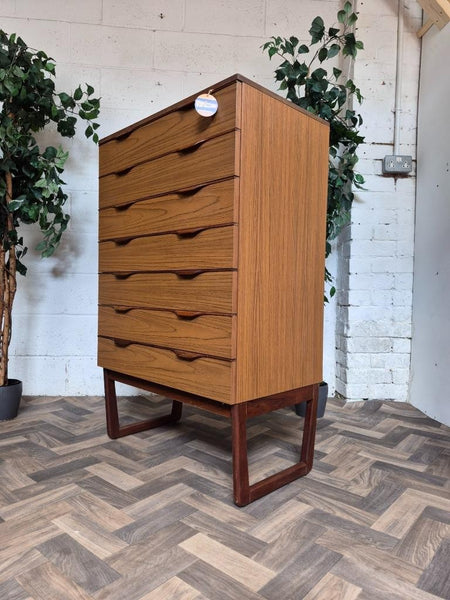 Vintage Mid-Century Europa Teak Tallboy Chest Of 7 Drawers Scandi Retro MCM